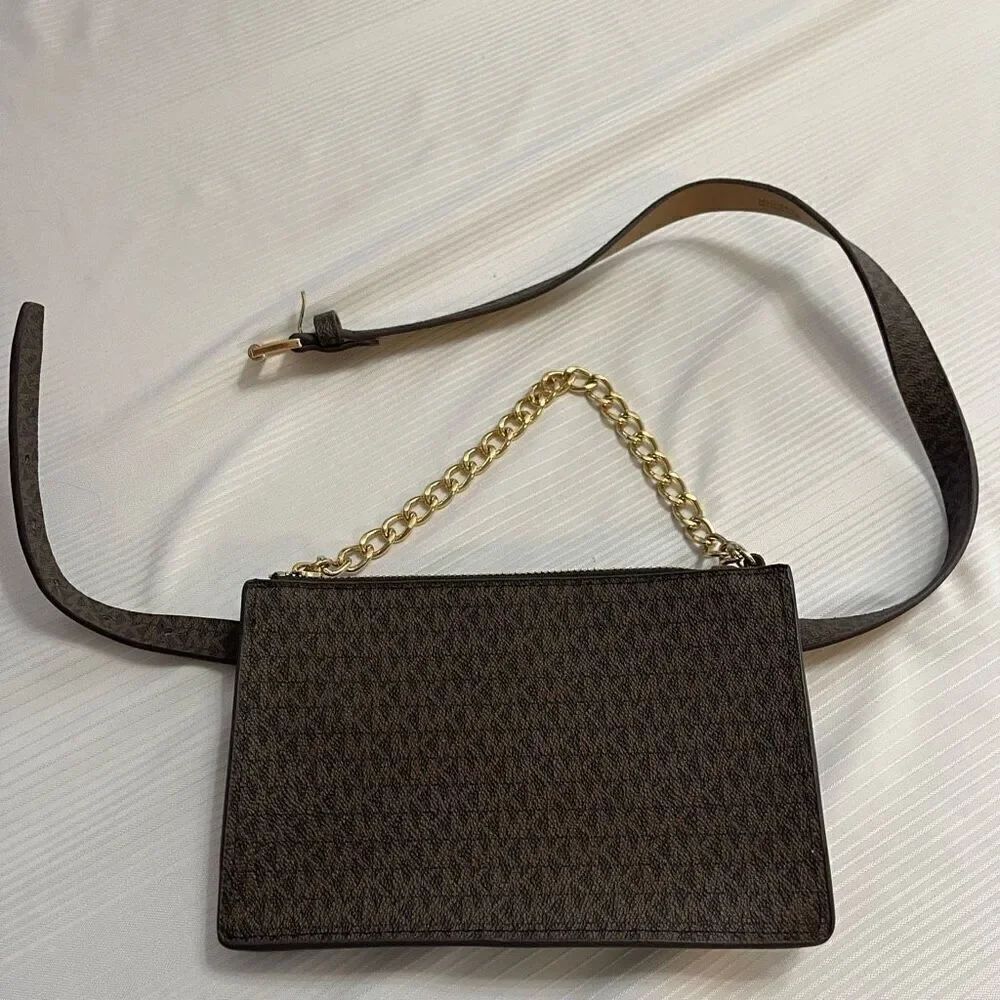 Michael Kors Brown MK Signature Waist Bag Fanny Pack Belt Small Gold Chain
